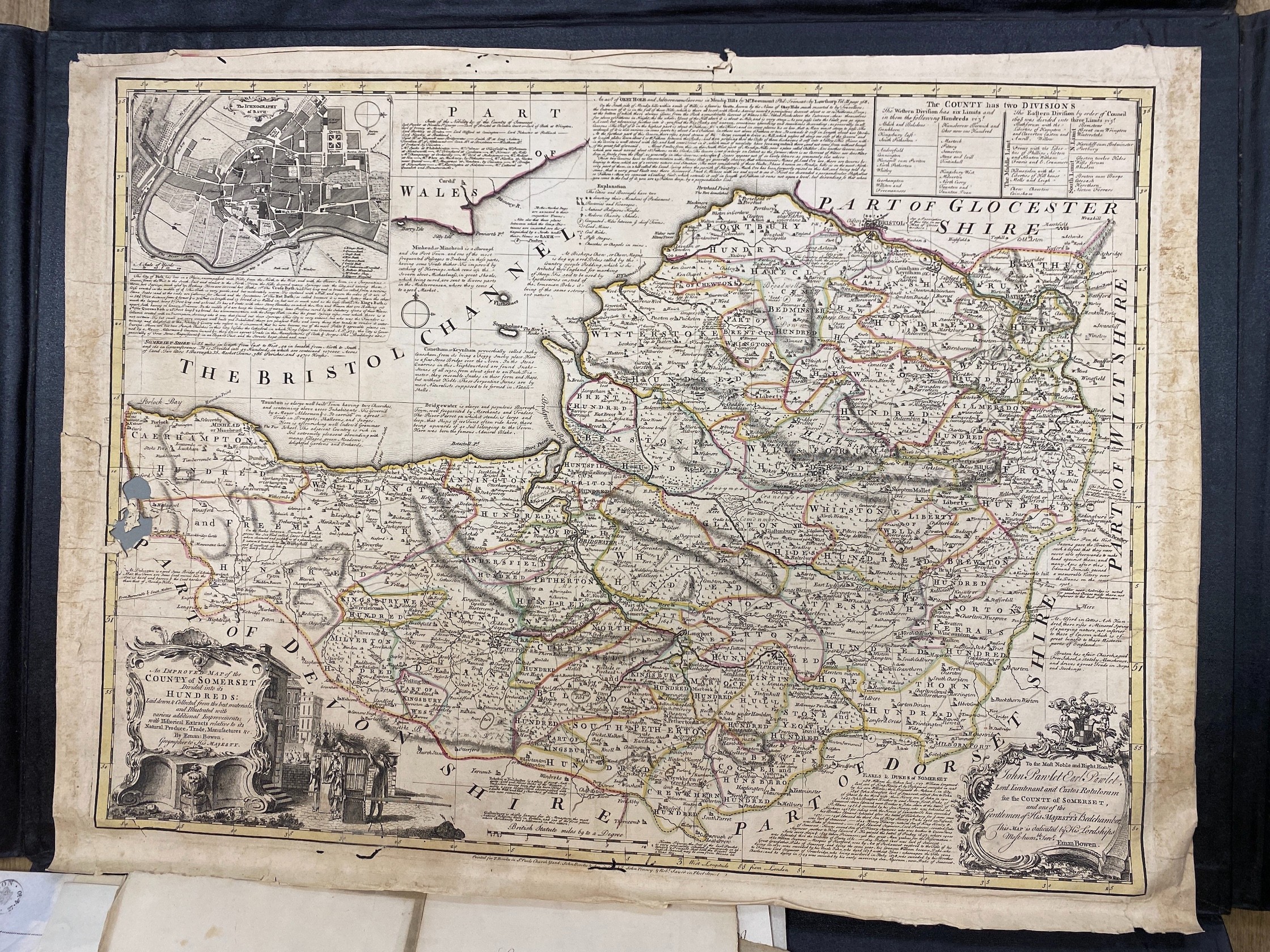 A folio of various engraved maps, coloured in outline, including the County of Somerset; the County of Wilts, both by Emanuel Bowen, Thomas Telford’s London to Morpeth Mail Road Index Map, 1827, on 18 sheets, sundry 18th